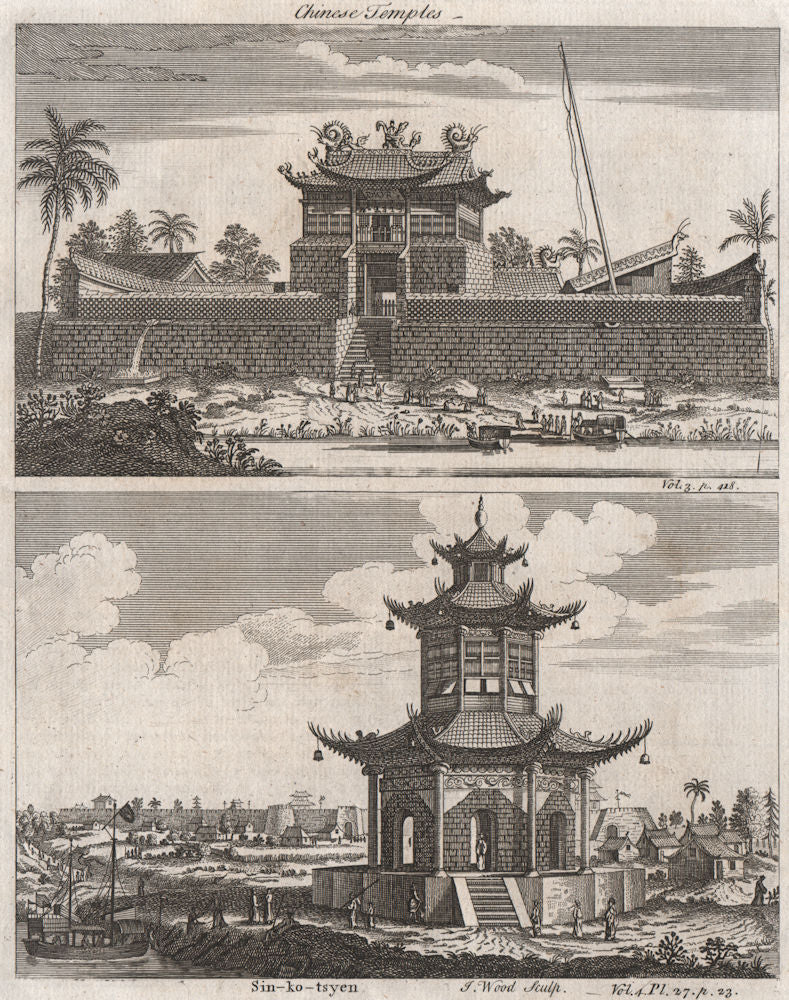 CHINESE TEMPLES. Tey wang myan & Sin ko tsyen 1746 old antique print picture